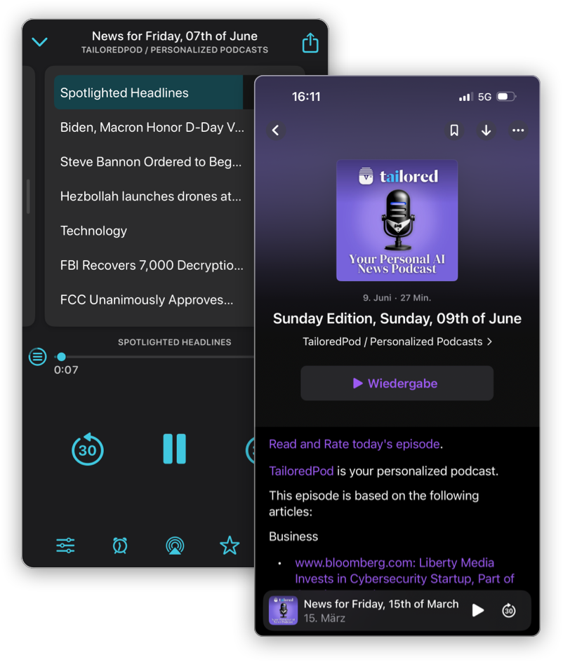 An example of the tailored podcast with the news of the day